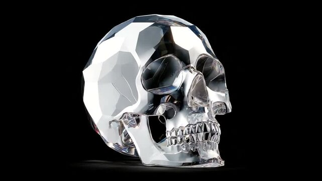 Crystal skull sculpture reflecting light in dark space