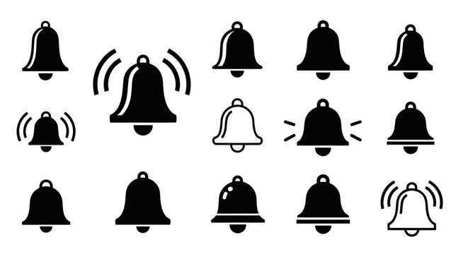 Collection of Bell Icons: Notification Alerts, Sound Signals, and Warning Symbols