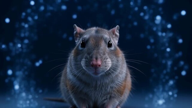 Cute Rat Looking at Camera with Blue Magical Particles Background