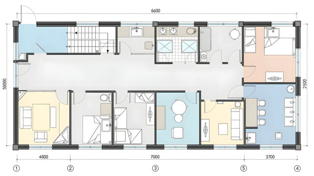 top view modern residential floor plan with blue and beige rooms detailed layout with furniture