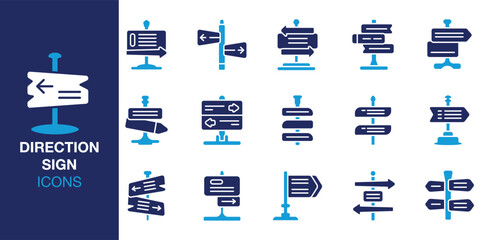 Direction Sign icon set. Containing direction, sign, guide, navigation, pointer and more. Solid vector icons collection. Vector illustration. © Vactory_Icons