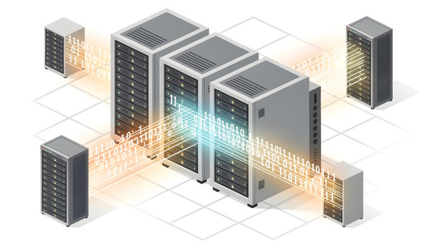 data center servers with blue and orange digital code streams and rack cabinets illustration