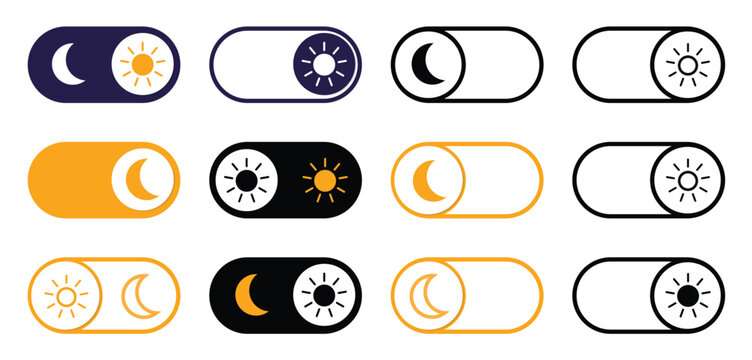 Collection of day and night mode icons with sun and moon symbols. light and dark mode switcher icons template with toggle sliders UI UX design. vector illustration.