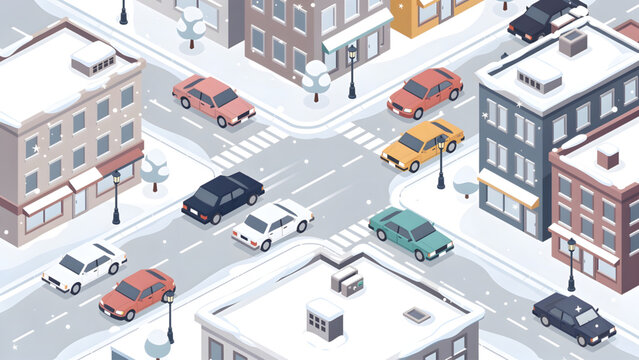 isometric city intersection with colorful cars buildings snow urban traffic crosswalk