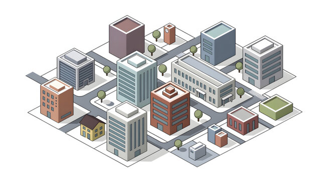 isometric city block with modern buildings roads and green trees urban landscape