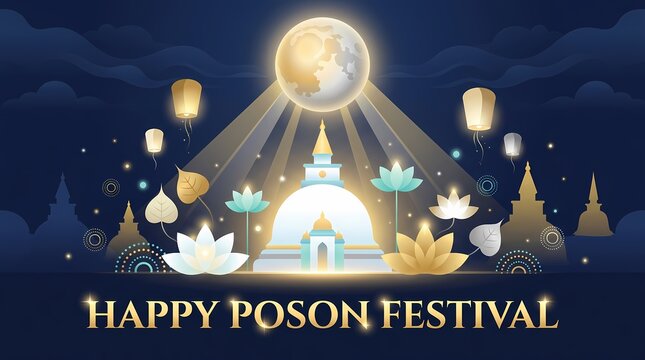 Poson poya festival celebration with stupa, full moon, lotus flowers and sky lanterns