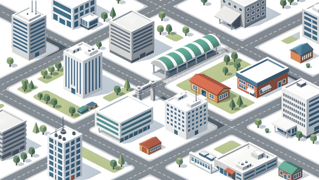 isometric cityscape with white buildings green trees roads and small houses urban layout