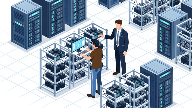 technology professionals managing blue server racks in modern data center with mining equipment