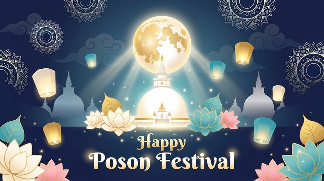 Happy poson festival greeting card with glowing stupa, full moon, lotus flowers and sky lanterns