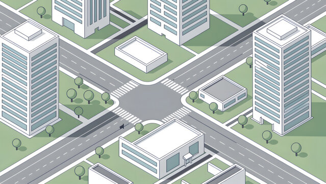 isometric city intersection with modern grey buildings green parks and crosswalks