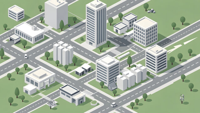 isometric cityscape with modern white buildings gray roads and green trees urban layout