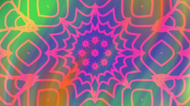 Digital kaleidoscope mandala overlay pattern with vibrant, colorful shapes. Suitable for backgrounds, packaging designs, and artistic projects needing a dynamic touch.
