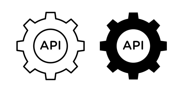 API icon in outline and solid style, isolated on white background. Perfect for software integration, developer tools, and web services in mobile and web design.