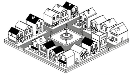 Naklejka premium black and white isometric illustration of suburban houses with central park and fountain