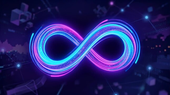 Futuristic Holographic Infinity Symbol with Vibrant Blue and Pink Glow Floating in a Dark Digital Environment