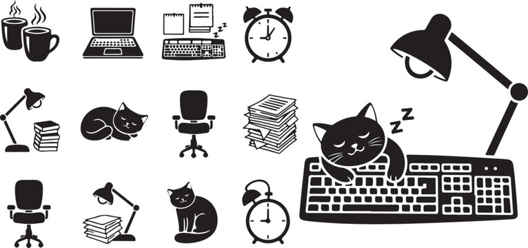 Black and white office workspace cat sleeping