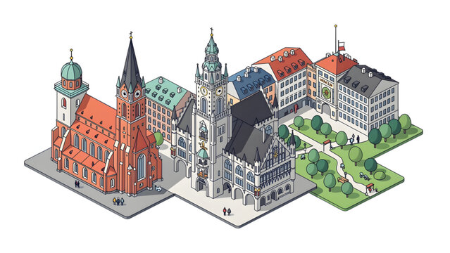 isometric architecture cityscape with red and green buildings and park area