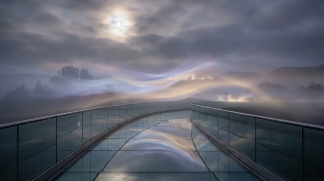 Glass pathway leads through ethereal misty landscape under a luminous sky