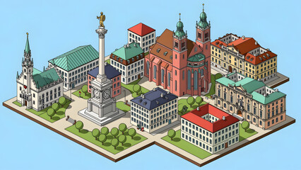 isometric city block with diverse historic buildings green trees and open plaza under blue sky © Fariz Gj