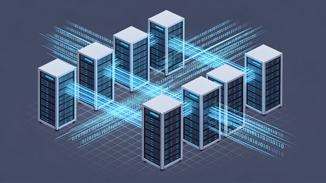 data center servers connected with digital blue network lines and binary code