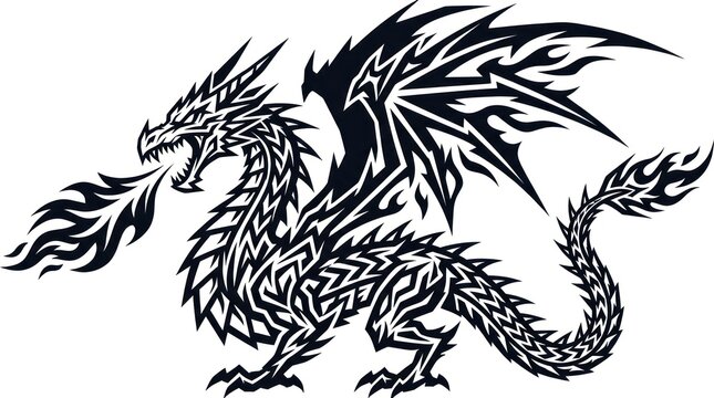 Fierce Tribal Dragon Breathing Flames in Black Line Art.