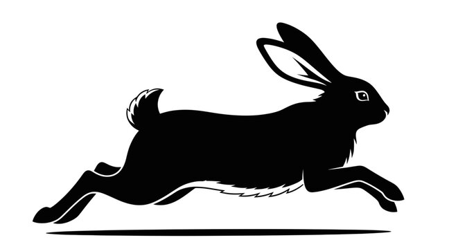 Silhouette of a running rabbit, black and white, isolated on white background