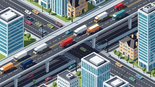 isometric urban highway intersection with colorful trucks and modern city buildings