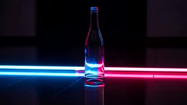Glass bottle illuminated by colorful neon lights