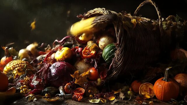 Abundant harvest overflowing basket of fresh produce against dark backdrop