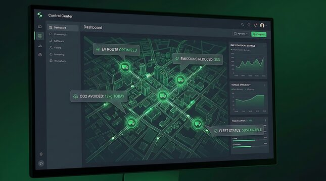 A futuristic city map displayed on a large screen shows green lines and dots connecting various locations with graphs and data.