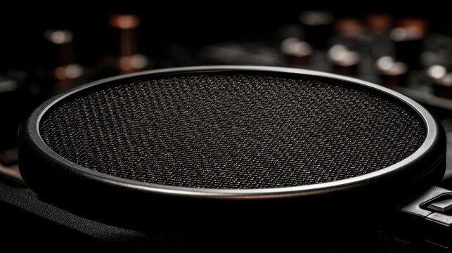 Close-up of a black woven pop filter for a microphone, used in audio recording studios
