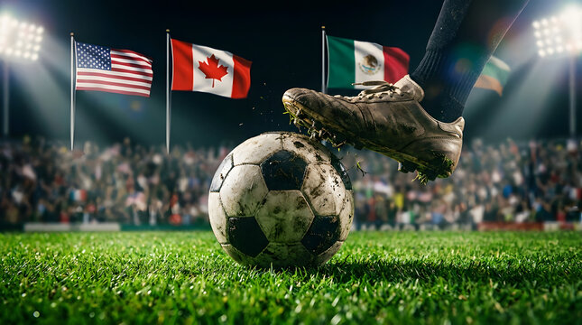 Soccer ball on a field with usa canada and mexico flags