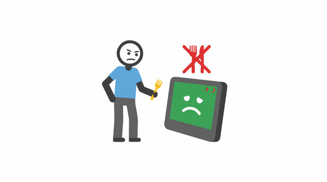 Angry person holding fork next to a broken food service icon