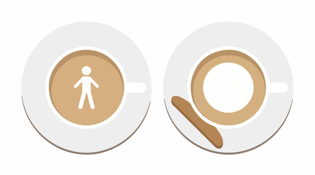 Top view of coffee cups with human figure latte art and biscuit