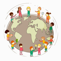 Fototapeta premium Diverse children standing around the globe promoting unity and peace. 