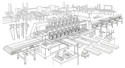 Fototapeta premium Industrial factory interior with machinery and conveyor belts illustration.