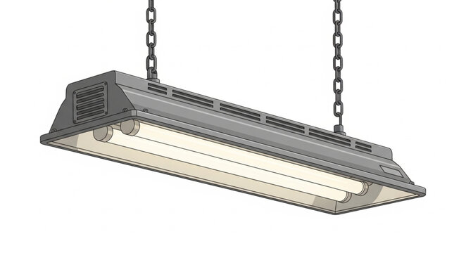 Industrial fluorescent light fixture hanging from chains.