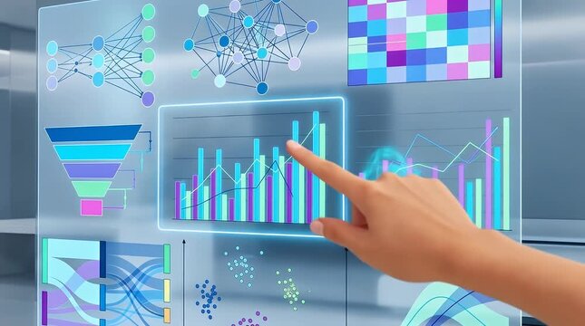 Interactive Holographic Data Visualization Panel with Colorful Graphs and Charts in Modern Office Space