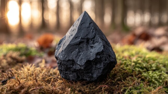 A Jagged Obsidian Shard with Razor-Sharp Edges Rests on Mossy Forest Ground