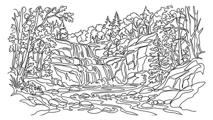 Obraz premium Black and white illustration of a waterfall in a forest with trees and rocks.