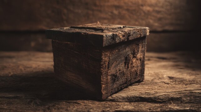 Unvarnished Wooden Box With Loose Lid Resting On Rustic Surface