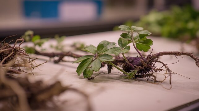 Close-up of a carefully selected medicinal plant with roots and leaves, showcasing natural healing properties