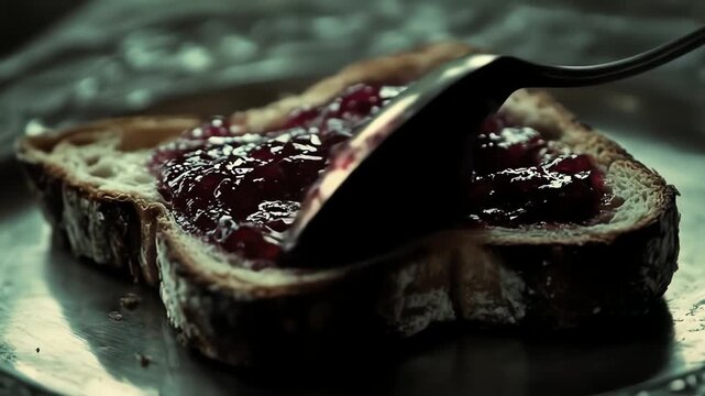 Close up of bread with jam being spread on a silver tray