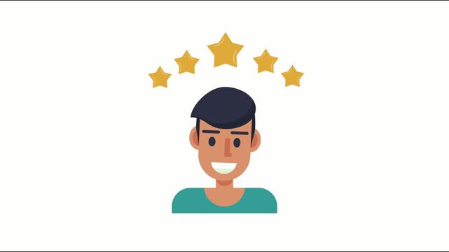 Happy man receiving five star rating positive feedback for service or product appraisal.
