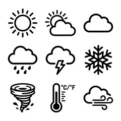 Fototapeta premium Weather icons set including sun cloud rain snow and temperature symbols