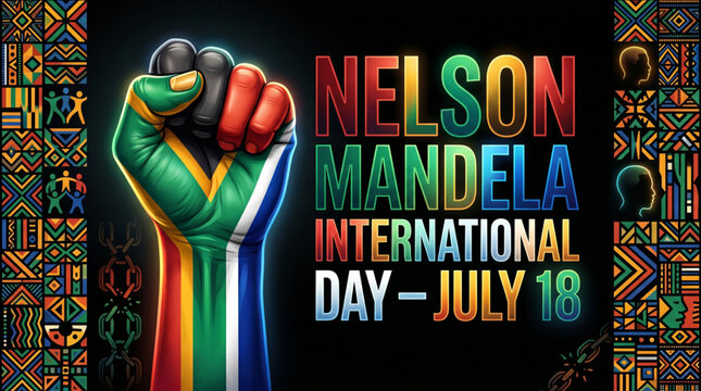 Nelson Mandela Day unity protest fist with African heritage colors for social justice awareness branding campaign