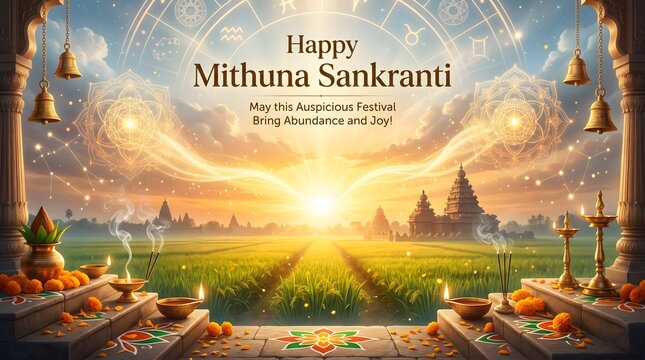 Mithuna sankranti festival poster with temple sunrise and traditional indian decorations