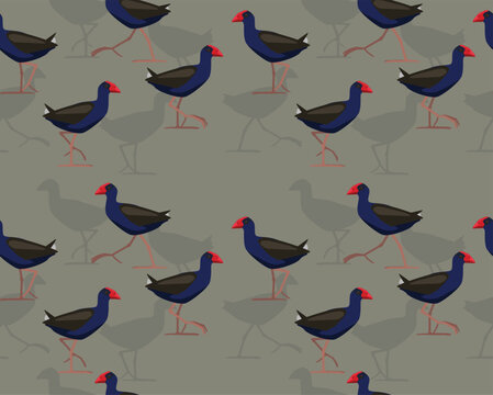 Pukeko Swamphen Bird Walking Seamless Pattern Background