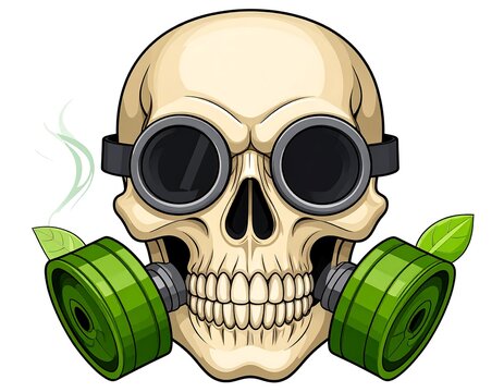 A skeletal head wears goggles and a gas mask with leafy filters, exhaling a wisp of green, implying a toxic or polluted environment