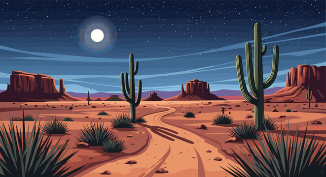 Majestic desert landscape at night features tall saguaro cacti, rocky buttes, and a bright full moon under a starry sky.
